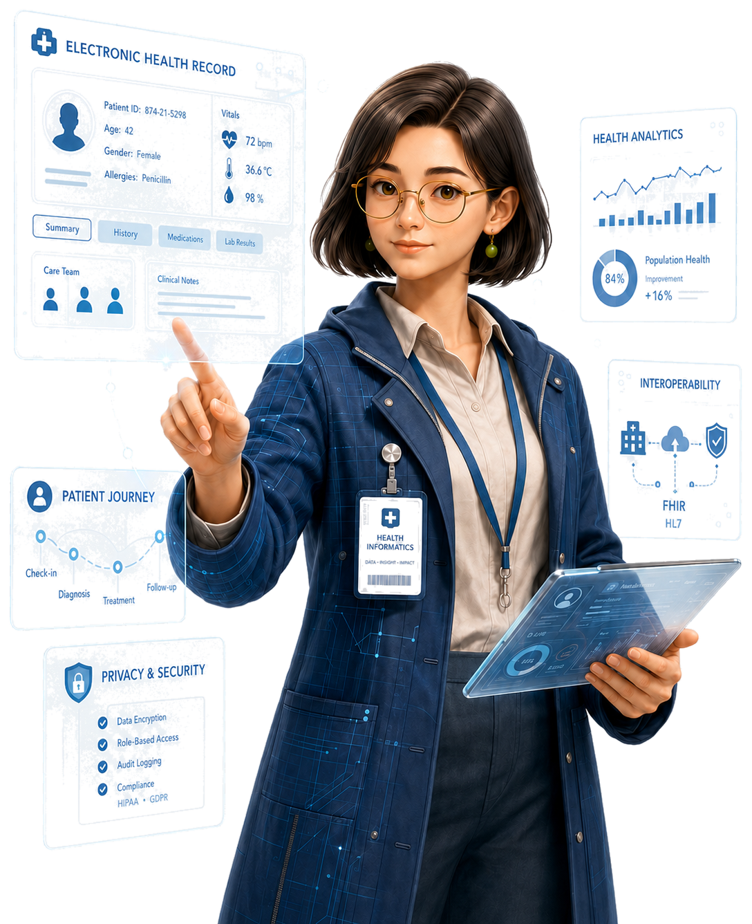 Health informatics project area illustration with electronic health records and analytics panels