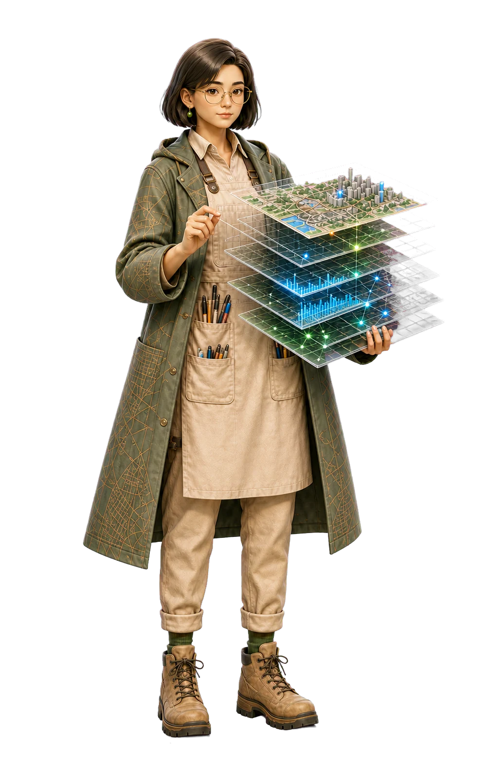 3D character holding layered data and map panels